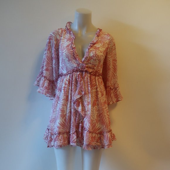 NWT WOMENS INDIKAH ANGEL BIBA PINK WHITE RUFFLED FLORAL V-NECK MINI DRESS S * - Picture 2 of 10